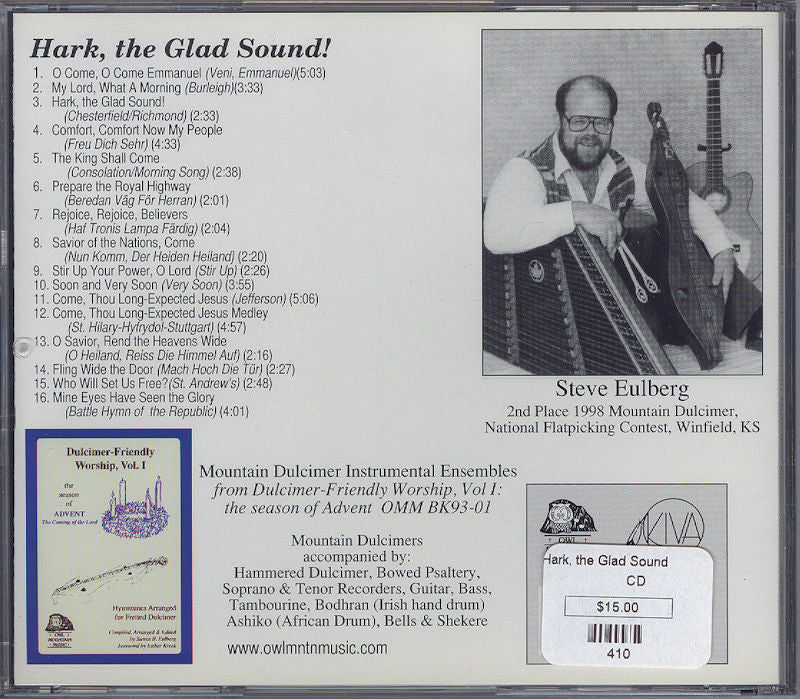 Back cover of the "Hark, The Glad Sound by Steve Eulberg" CD, showcasing the tracklist, an image of a musician with a dulcimer, and pricing details.