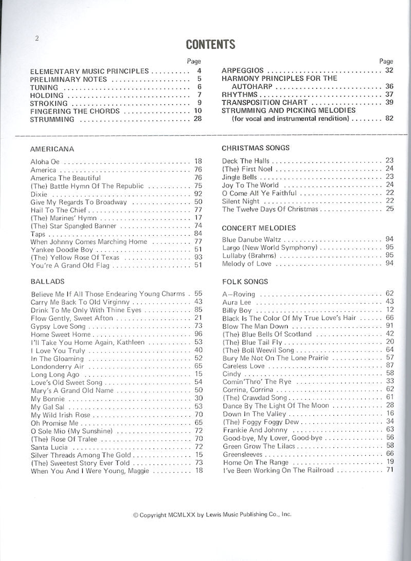 Table of contents from "The Autoharp Complete Method and Music - by Alexander Shealy" showing various song titles under sections like "elementary music principles," "songs with chords," "arpeggio principles for the autoharp," and "Christmas