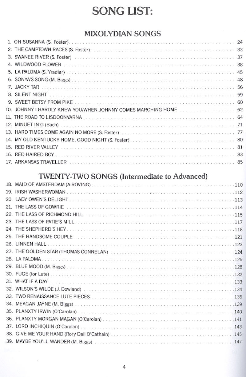 A song list page titled "Mixolydian Songs" and "Twenty-two Songs (Intermediate to Advanced)" serves as an excellent lesson plan for dulcimer players, featuring various song titles, composers, and corresponding page numbers in the well-organized "Mel Bay's Complete Dulcimer Handbook" by Mark Biggs.